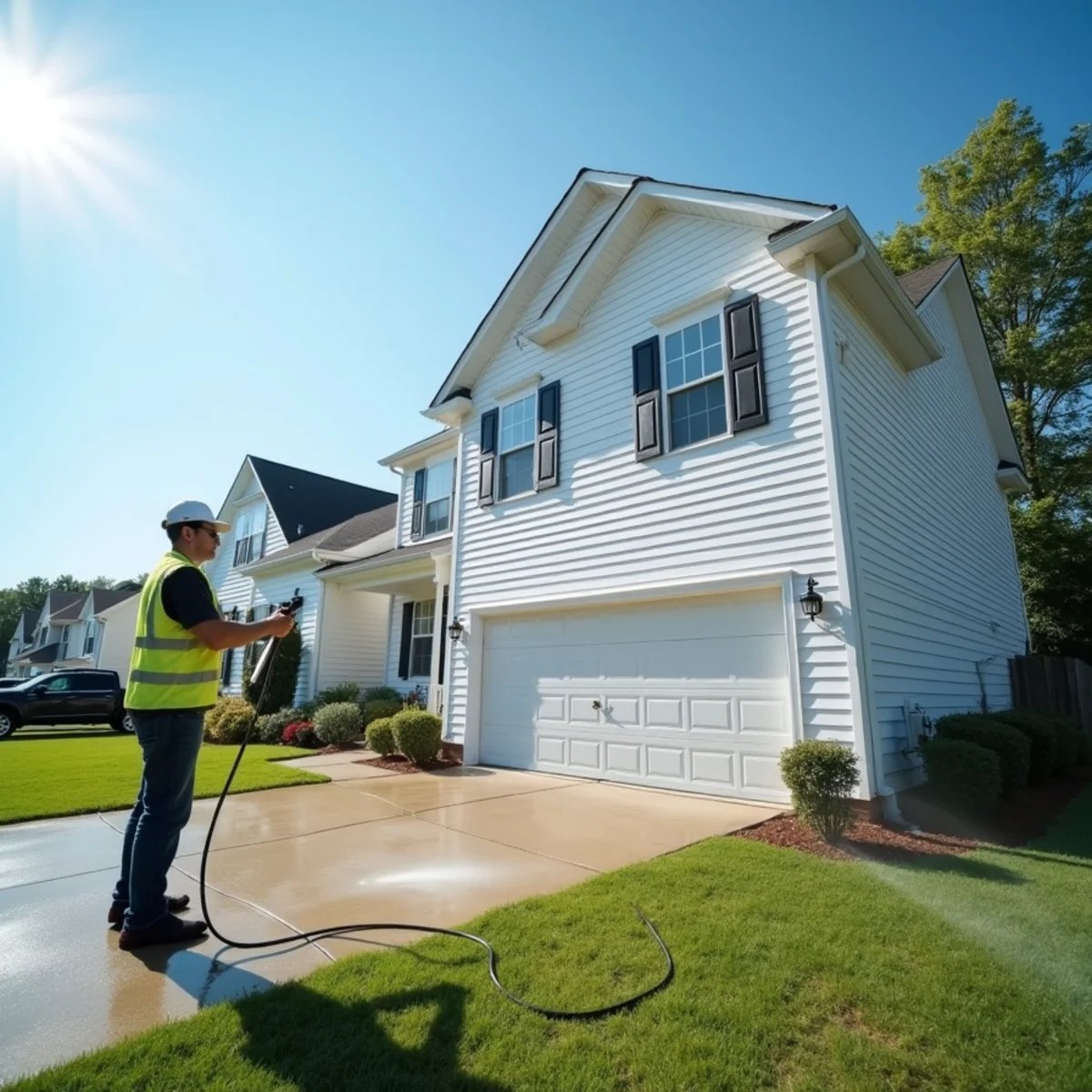 Redeemed Pro Wash technician pressure washing a North Carolina home exterior